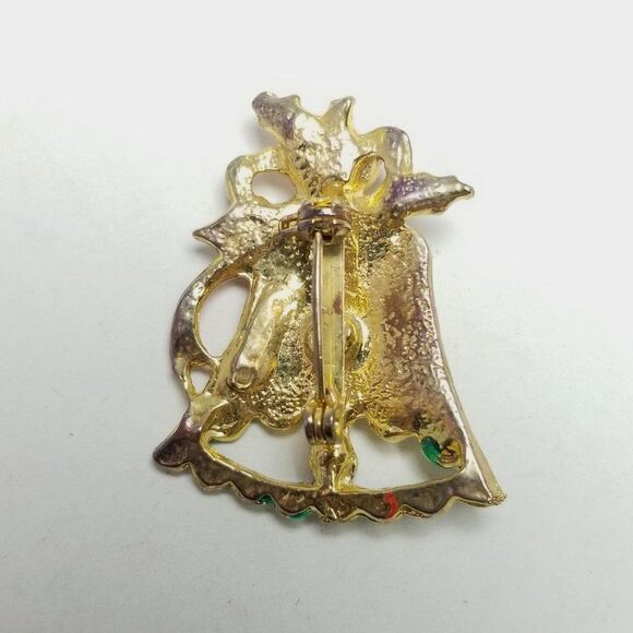 Vintage Christmas Bell Holiday Brooch, Gold Tone Enamel Lapel Pin, Retro Estate - Picture 3 of 6